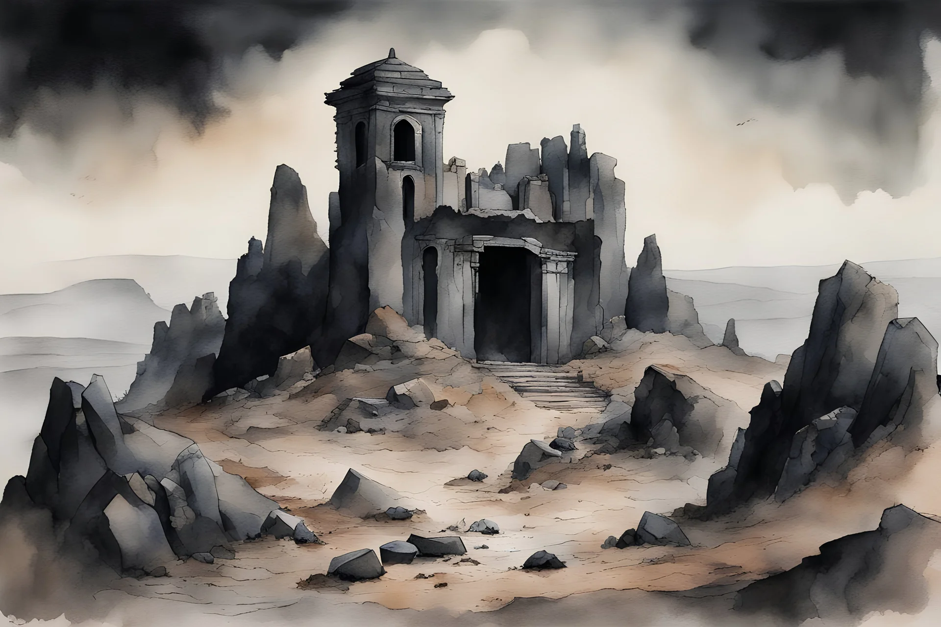 dark creepy fantasy watercolor painting of small mausoleum ruins in the distance on top of a very large barren rocky hill with black obsidian pillars