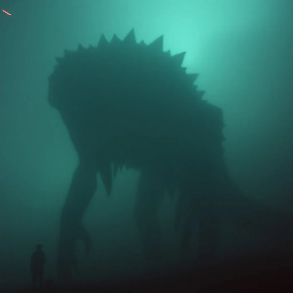 The atmosphere is eerie, suffocating, and raw, with the feeling that the camera operator is witnessing something forbidden and legendary — a colossal being that has been hiding for ages, suddenly revealed. The image must feel authentic and unpolished — like amateur footage captured in real time. Prioritize pixelation, color noise, digital compression artifacts, motion blur, and the unsettling atmosphere of being near a gigantic shadow-creature. Do not stylize or modernize.