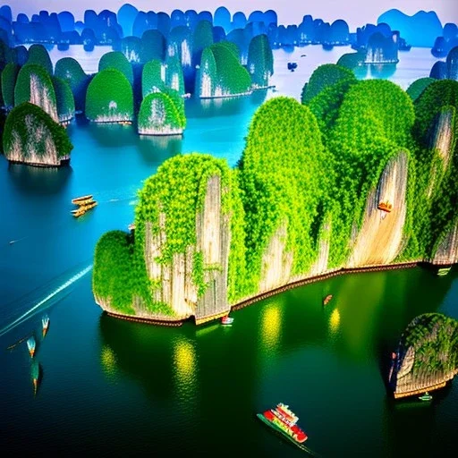 Ha Long Bay, Vietnam,fisher boats, aerial view,cloudy,extremely detailed digital painting, high resolution,8k, realistic, beautiful, volumetric lighting, mystical colors ,perfectly centered image, perfect composition, rim light, beautiful lighting,masterpiece, stunning scene, raytracing, anatomically correct, in the style of robert e howard and Ken Kelley and Ohrai Noriyoshi and Simon Bisley and tomzj1,.