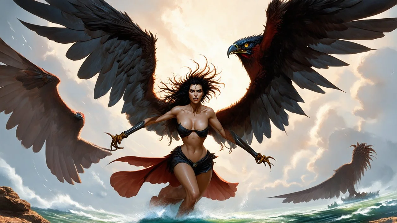 Fearsome harpies with razor-sharp talons and feathered wings, swooping menacingly through stormy skies. Mythical bird-women hybrid creatures with wild hair and piercing eyes. Dark fantasy artwork in the style of Frank Frazetta.