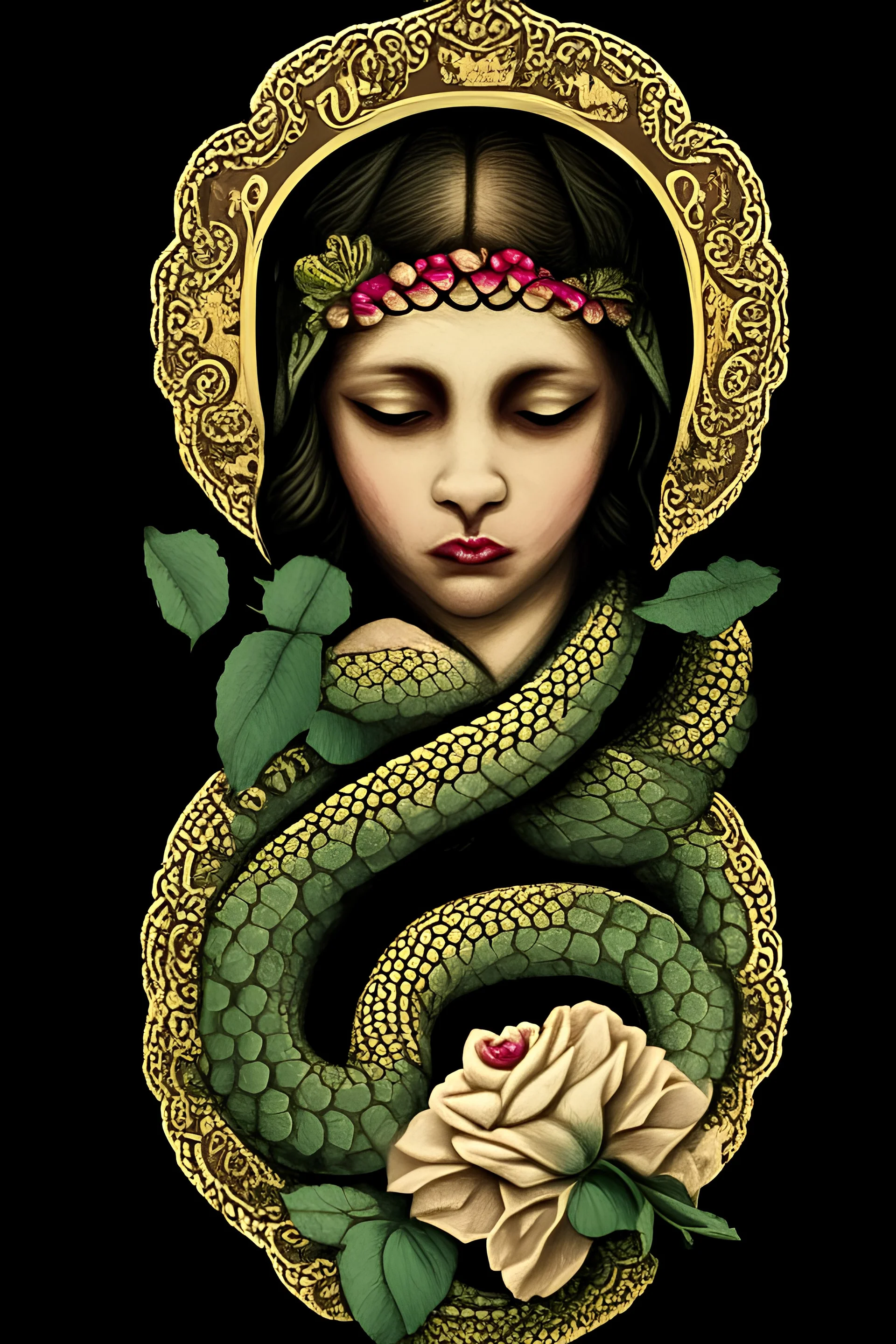 La Virgen de Guadalupe with a flower over her face. Behind her head is a snake. There are roses on her dress