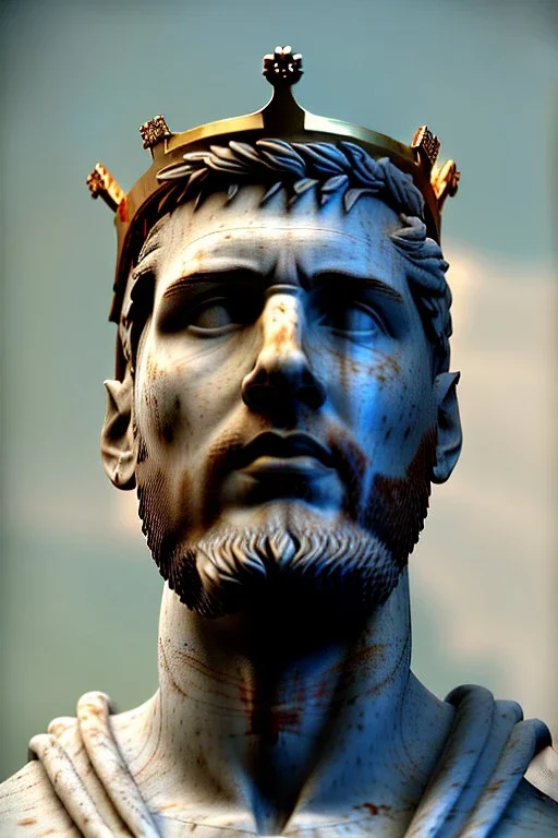 Ultra Realistic image, Roman sculpture, white marble material, Lionel Messi, gold crown of natural thorns, god crown, Renaissance style, sun rays background, waist up portrait, epic, celestial, cinematic lighting, God lights, 4k resolution, smooth details, soft lighting, unreal engine 5, art station, substance 3d.