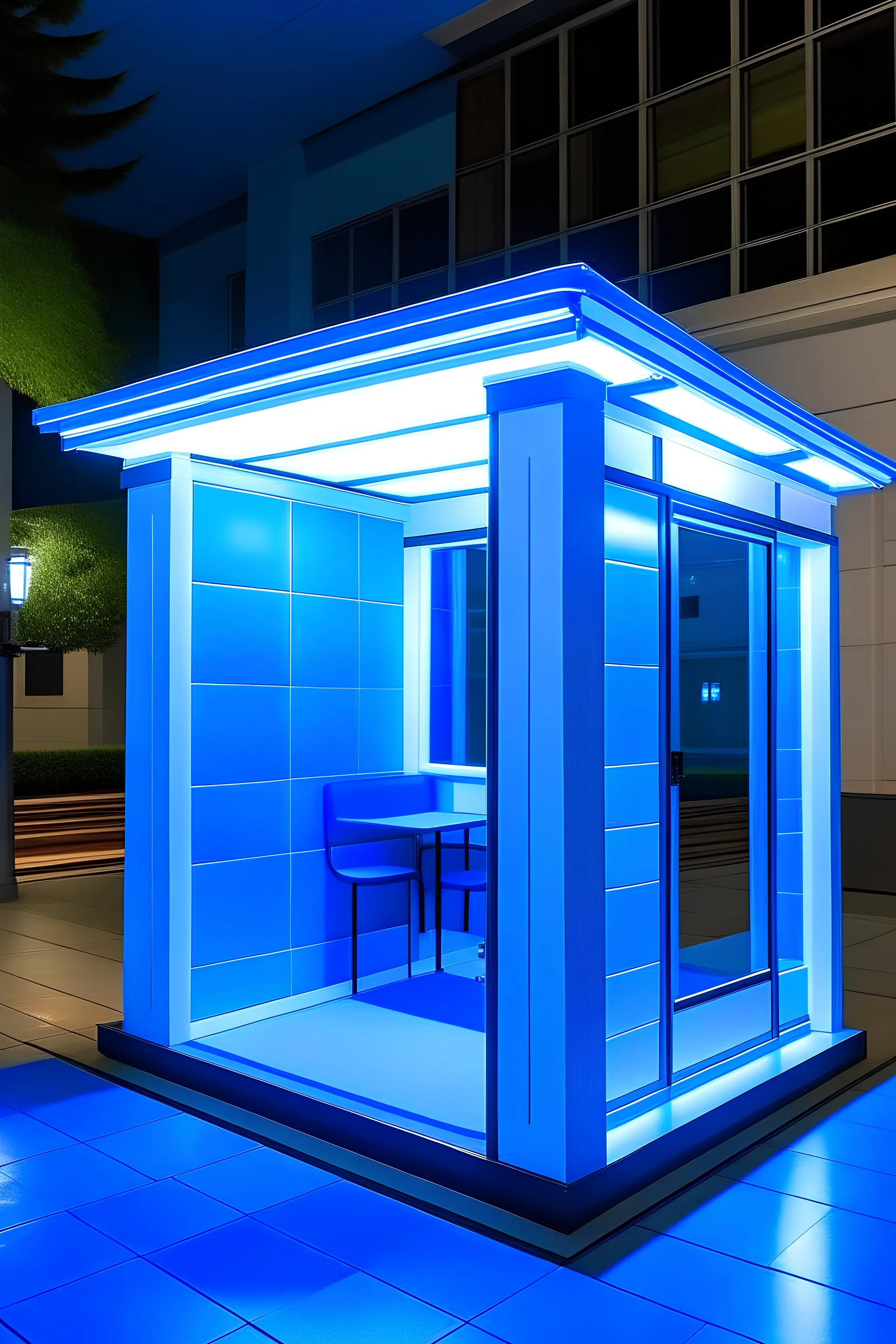 crea una vista por dentro de una cabina portátil cuadrada pequeña dentro de una universidad de color blanca con ventanas transparentes y luces led de color azules en el techo que ambienten la cabina, y allá una cámara de seguridad dentro de la cabina