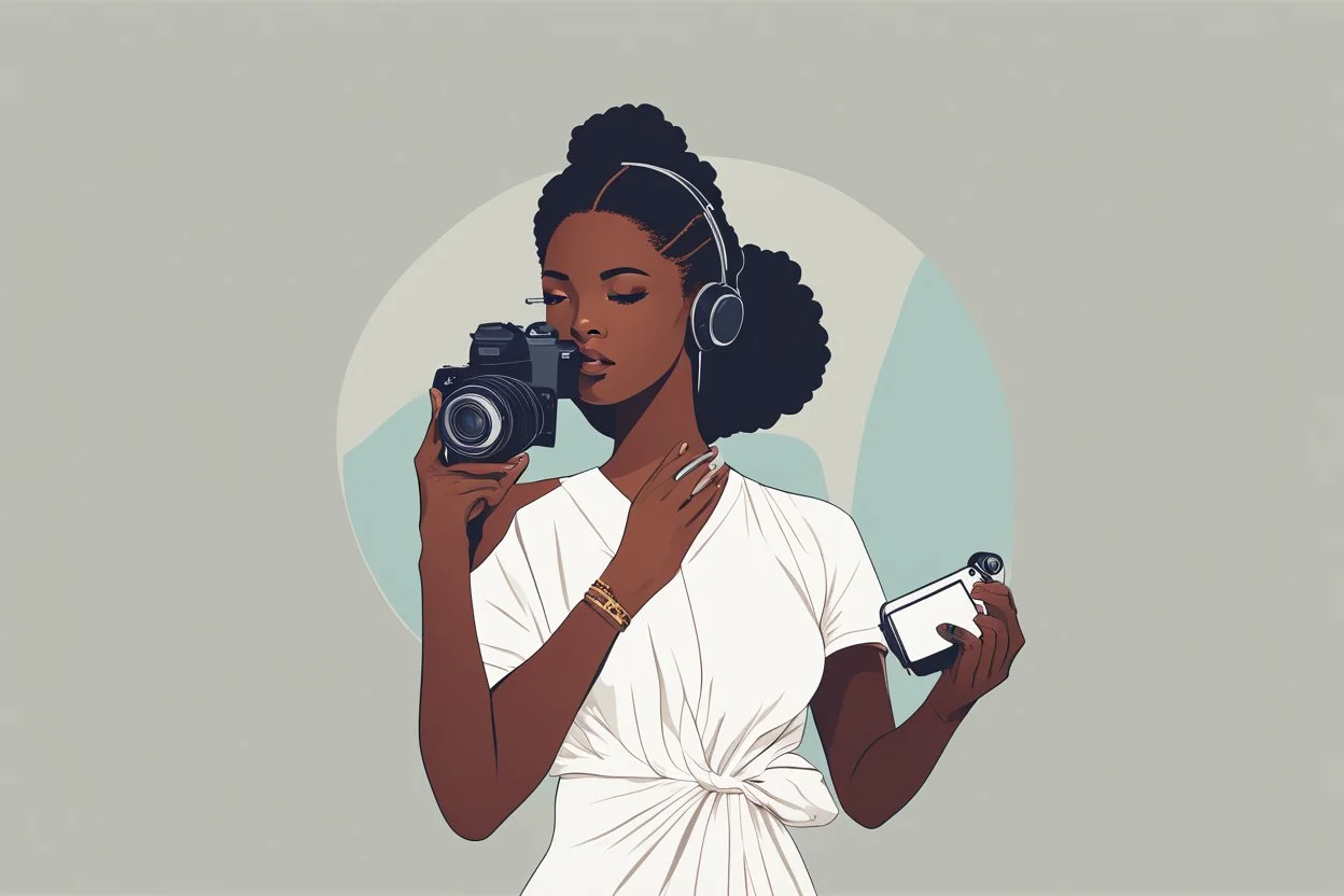 Generate a minimalistic illustration of a female figure in a simple and elegant style.modern aesthetic, centered, african,holding canon camera, upper body, color code "8D99AE", color code"FB8500", color code "FFB703".