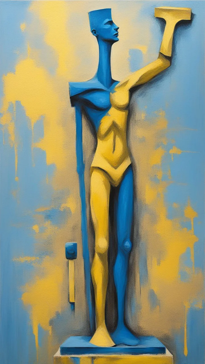 a tough oil brush blue and yellow abstract on rough canvas make a surreal figure of a tall and thin sculpture holding the scale of justice