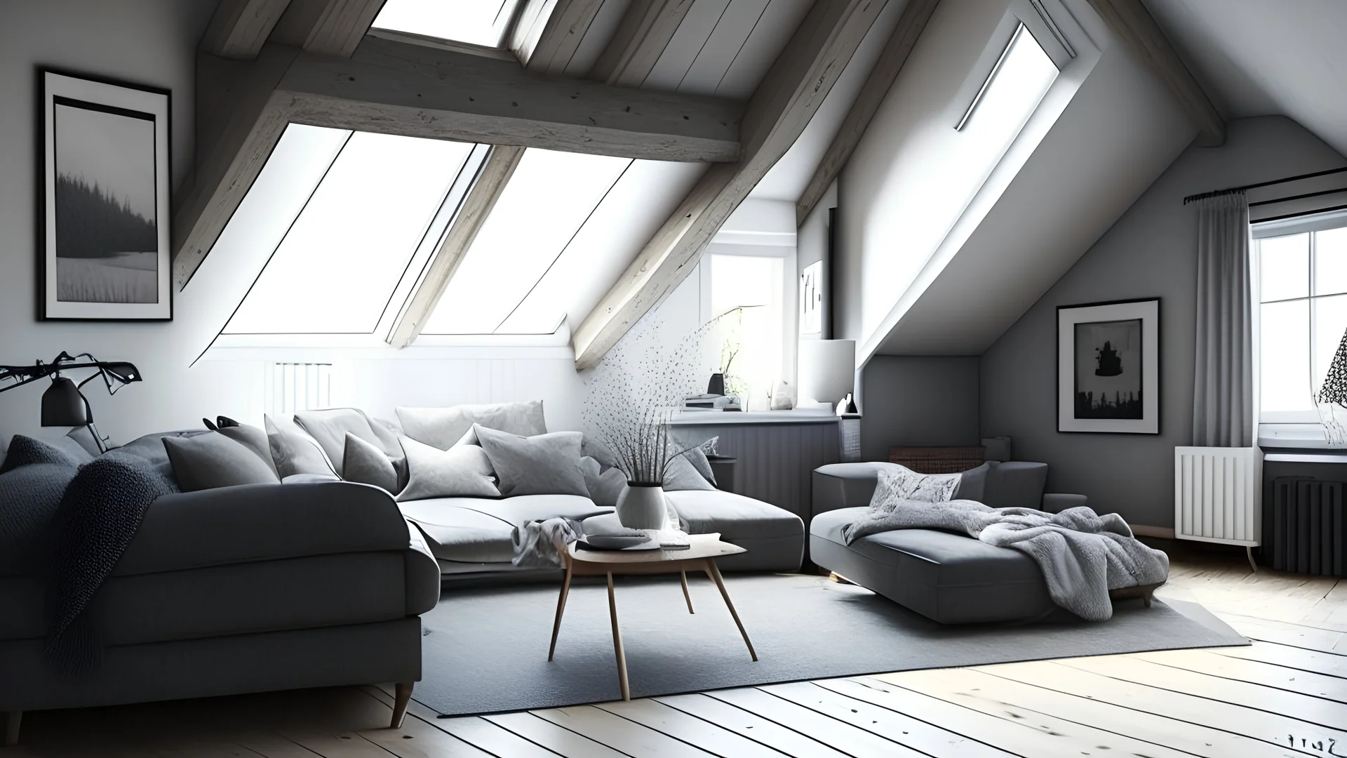 Grey attic living room interior with sofa