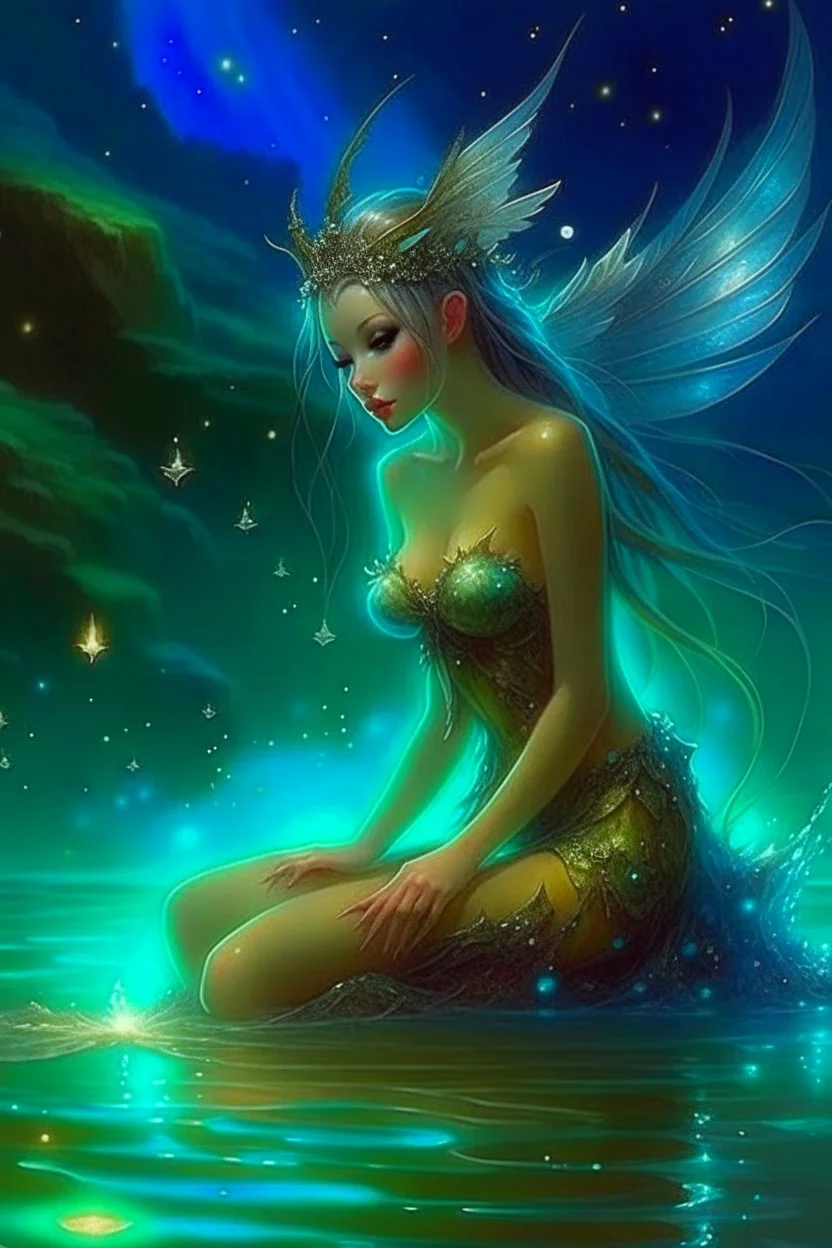 As faerie Fiona swam back to the bank, water droplets glistening like diamonds upon her skin, she emerged with the grace of a water nymph rising from the depths. Her wings unfurled, water droplets cascading from them like liquid stars, and she stood before Deery, her presence a blend of moonlight and water's embrace. Deery approached, their hooves barely making a sound on the soft earth. They lowered their head, their opalescent nose nuzzling Fiona's cheek in a gesture of affection