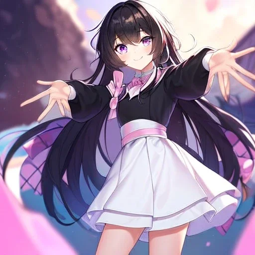 Clear focus,High resolution, Black long fluffy hair, and purple eyes, Teen, Sassy, black shirt, white collar pink bow, white short skirt, cute, smile, hands out, reaching out to you