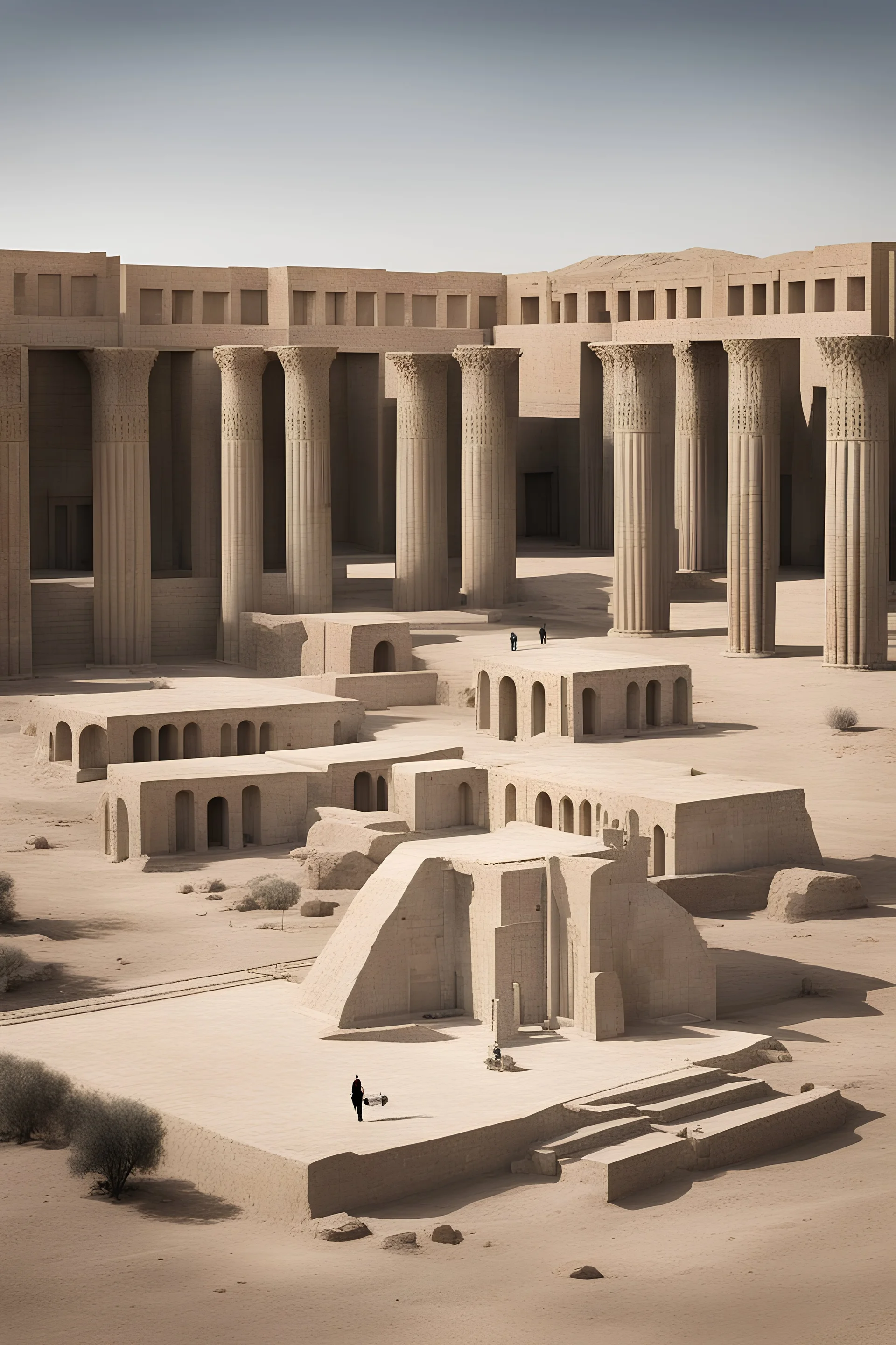 Create an image of a combination of two architectural structures in the ruins of persepolis in iran shiraz: one resembling a traditional tent-like structure with a low height and a historical appearance, and the other a modern building with display screens on its facade and technologic look.