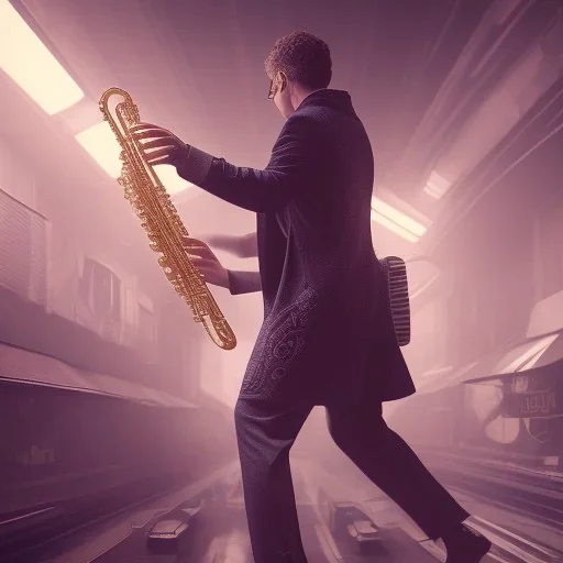 portrait of peter dobson playing saxophone, blade runner, low key lighting, volumetric light, digital art, highly detailed, fine detail, intricate, ornate, complex, octane render, unreal engine, photorealistic