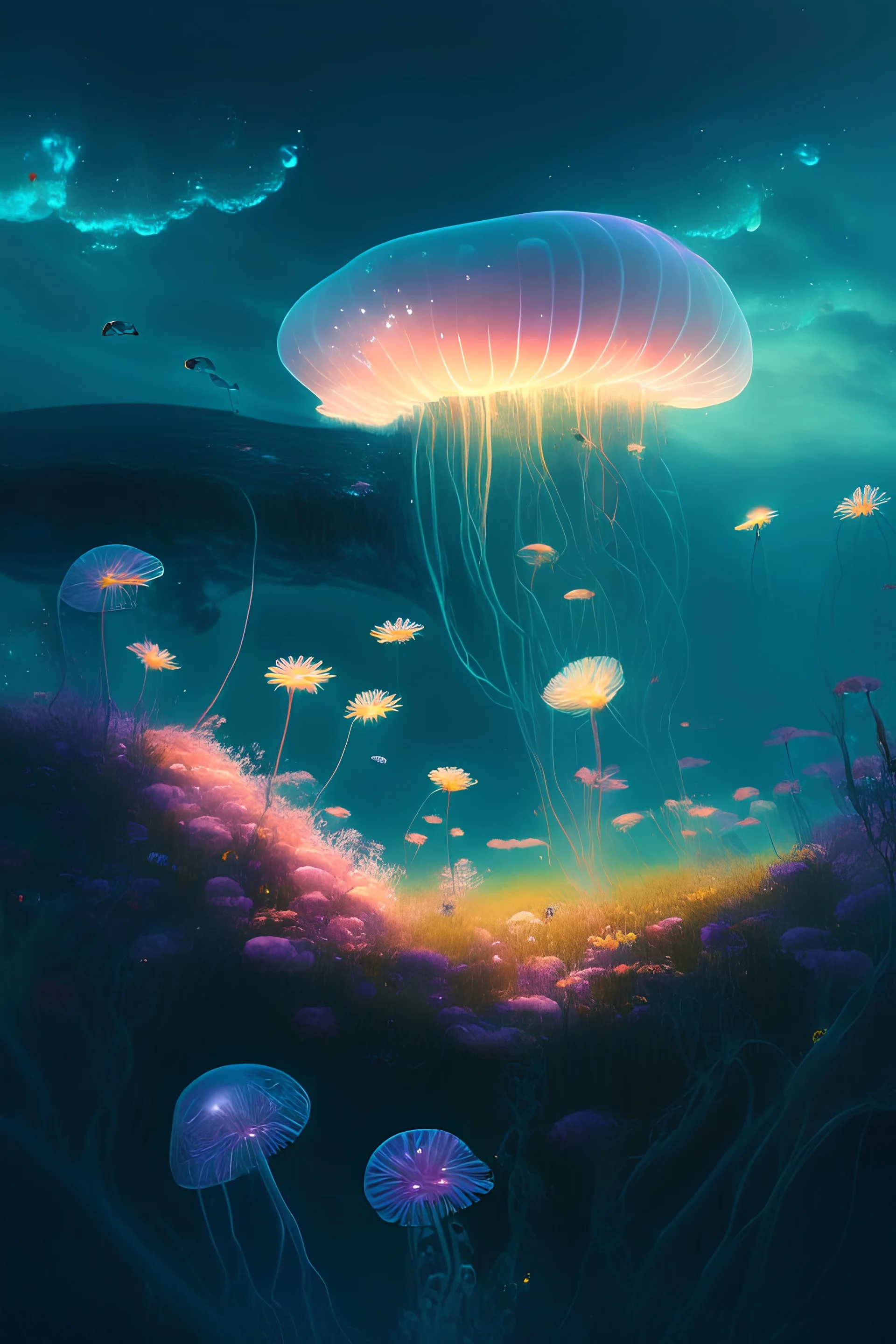 A dreamy, surrealist landscape where giant, floating jellyfish gently drift above a field of vibrant, bioluminescent flowers, casting an ethereal glow over the scene.