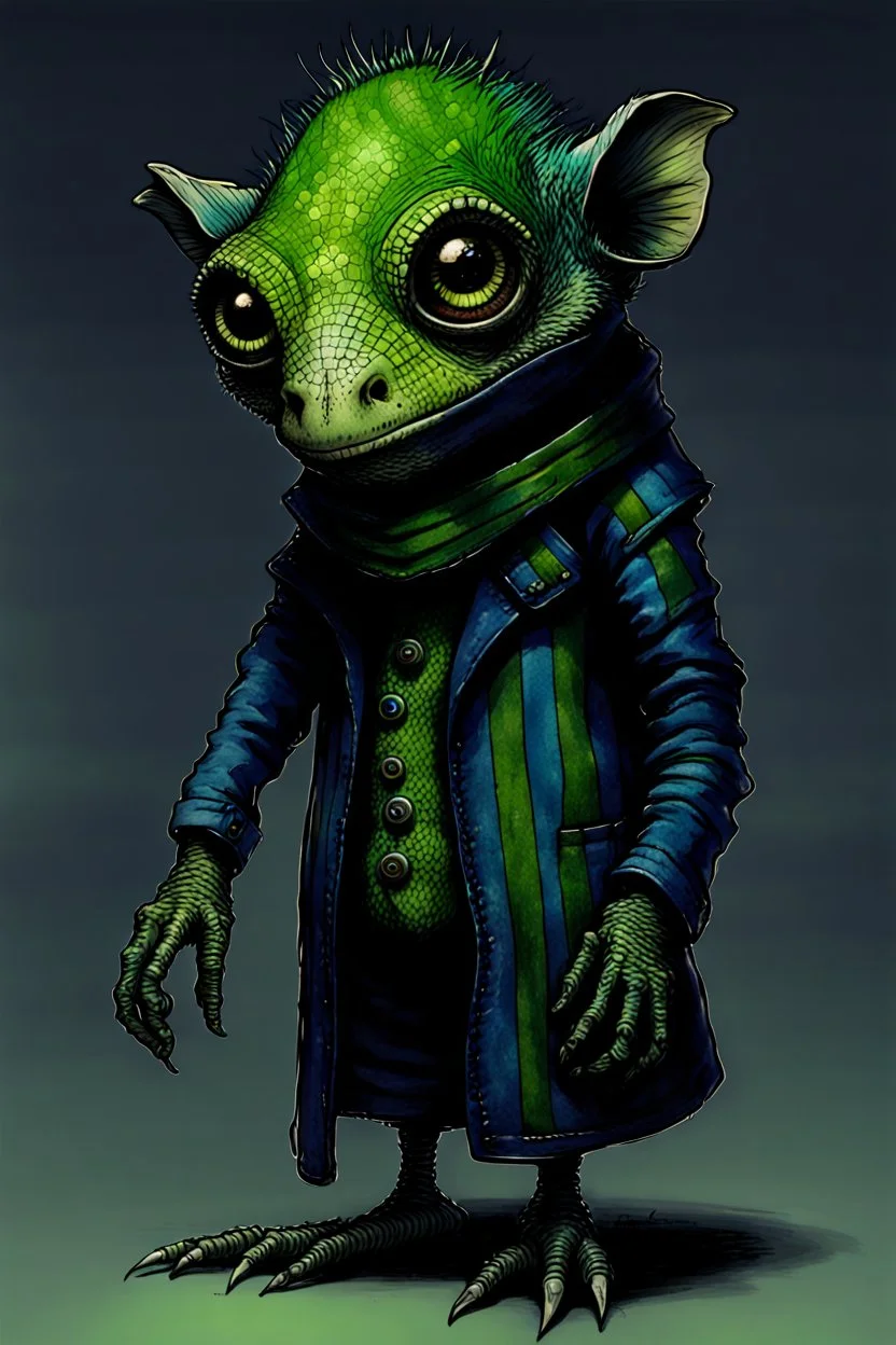 Artist Jean-Baptiste Monge style. A old biomorph male humanoid with Lizard face. Bright eyes. A green and blue striped outfit. Modifiers: Tim Burton Craig Rutkowski Modifiers:neon glowing Iridescent black ink