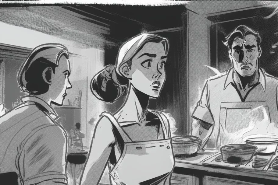 black and white storyboard, wide, on the Foreground there is a man and a girl in profile close to the camera, we see just their upper body and chins as they are passing by, and in the background, 3 chefs, scattered throughout the kitchen cooking, frying, cutting