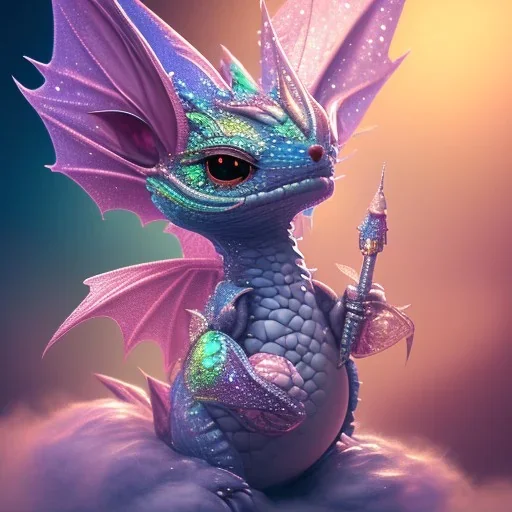 cute, adorable baby dragon made of crystals and gems, glittery scales, iridescent wings, sitting on a cloud of cotton candy, muted rainbow colors, intricate, stunning, fine detail, 8k, sharp, crisp, high-quality, 3d octane render, brian froud, howard lyon, selina french, anna dittmann, lisa parker, greg rutowski, alphonse mucha