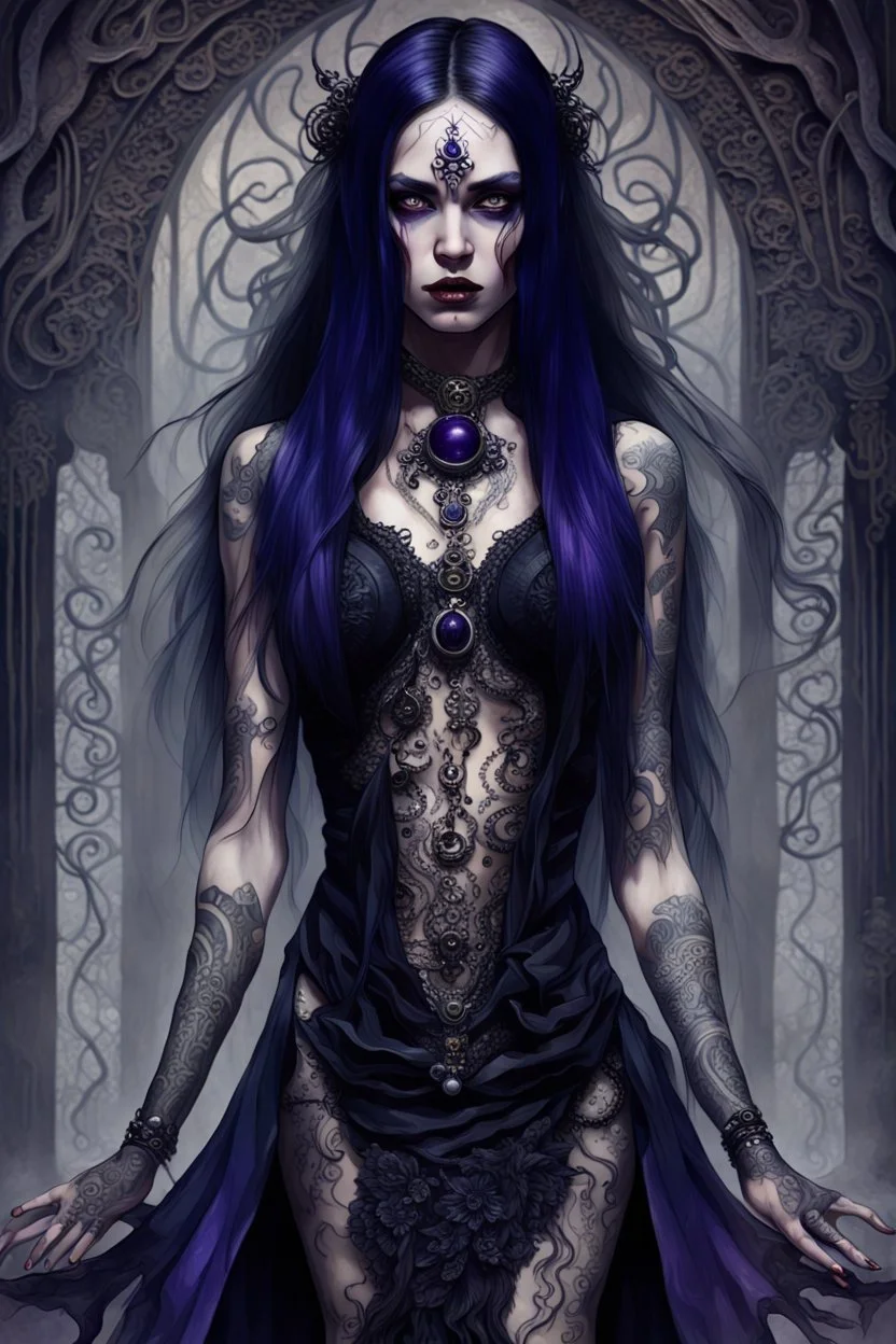 a crepy stunning mystic woman with dark purple-black long hair and black tattoos on her body, a cold, indifferent expression, silver and black onyx jewelry, black lace dress, cybernetics, crepy stunning anthropomorphic female, Minjae Lee vibe, cbybernetic and etheral human, ancient deity, by Vincent Lefevre and Yoshitaka Amano, stunning 3d