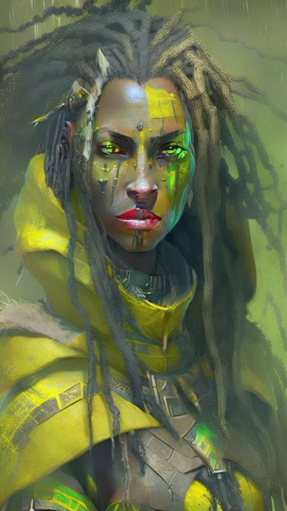 A woman has tanned skin, yellow eyes and black dreads. Her face show her superiority in the eyes of others. She is dressed in an armor with a few pieces of yellow and green cloak sticking out.