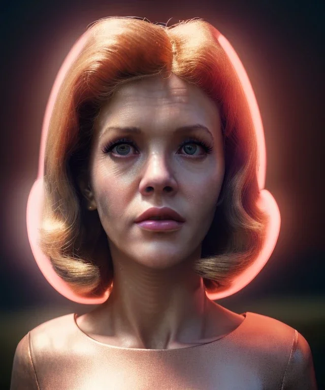 Ultra Realistic retro sci-fi movie, people, classic ovni, 1960 year, waist up view portrait, blonde woman, sweet teenager Jane Fonda face, perfect, illuminated cornea without pupil, face makeup, tight latex coat, retro glass helmet, Retro sci-fi style, soft color, highly detailed, unreal engine 5, ray tracing, RTX, lumen lighting, ultra detail, volumetric lighting, 3d, finely drawn, high definition, high resolution.