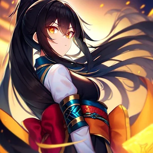 girl, masterpiece, best quality, volumetric lighting, detailed outfit, perfect eyes, long hair, black hair, orange eyes, obi, ponytail, angry, looking back,