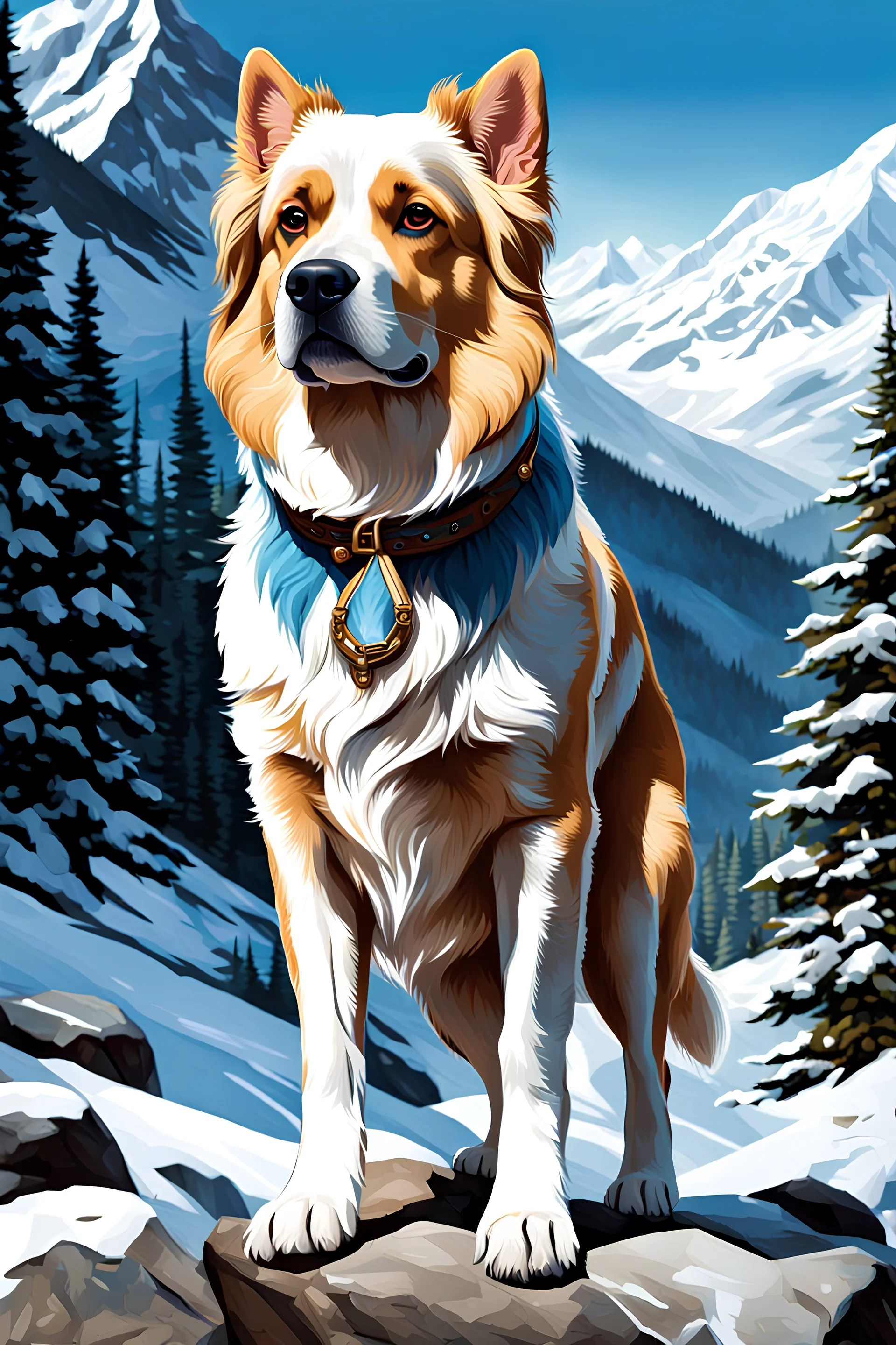 Full body Hermoso perro "Bernés de la Montaña" Arte illustration, colores contrastantes, calidad ultra, hiperdetallado, 12k