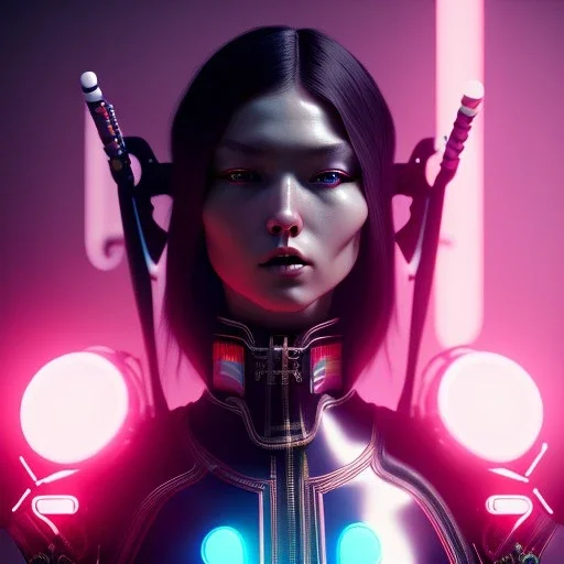 Italian, Cyber Woman, long hair, samurai, cyberpunk, neon, highly detailed, art stations, concept art, smooth, unreal engine 5, god rays, ray tracing, RTX, lumen lighting, ultra detail, volumetric lighting, 3d, finely drawn, high definition, high resolution, gradient background