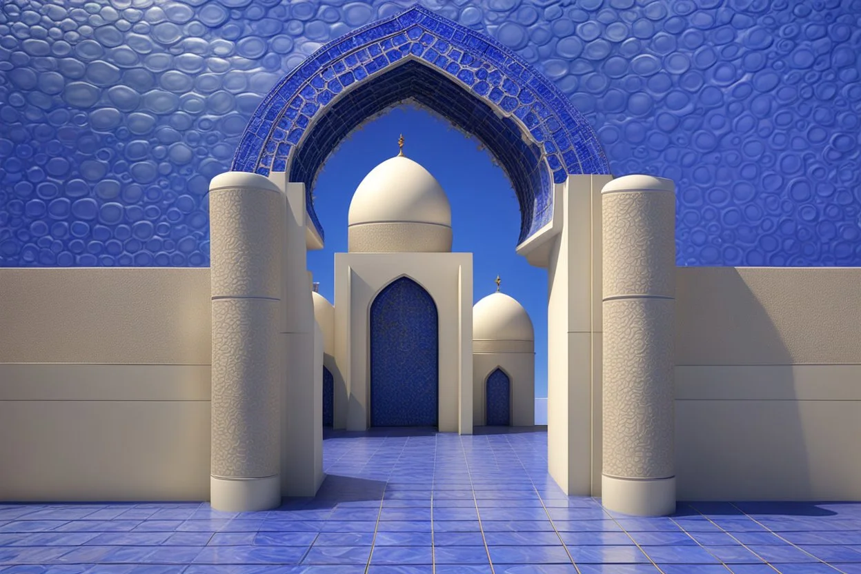 dancing atoms on an open gothic_arab gate in blue-tiled wall with a view of a desert city by artist "Higgs Boson",by artist "bubblewrap",by artist "meltingness";by artist "3D textured embossed relief shadows;by artist "Dale Chihuly"