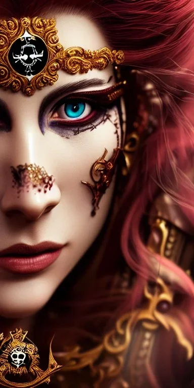 portrait of ultrabeautiful face of Pirate Queen, gorgeous, stunning, intense, intricate details, photo realistic, finely detailed outfit, extremely ornate, octane render, real photo output by Weta Digital, by Wêtà FX, by WLOP, Cinematic, Color Grading, Editorial Photography, Photography, Photoshoot, Shot on 70mm, Ultra-Wide Angle, Depth of Field, DOF, Tilt Blur, Shutter Speed 1/1000, F/22, Gamma