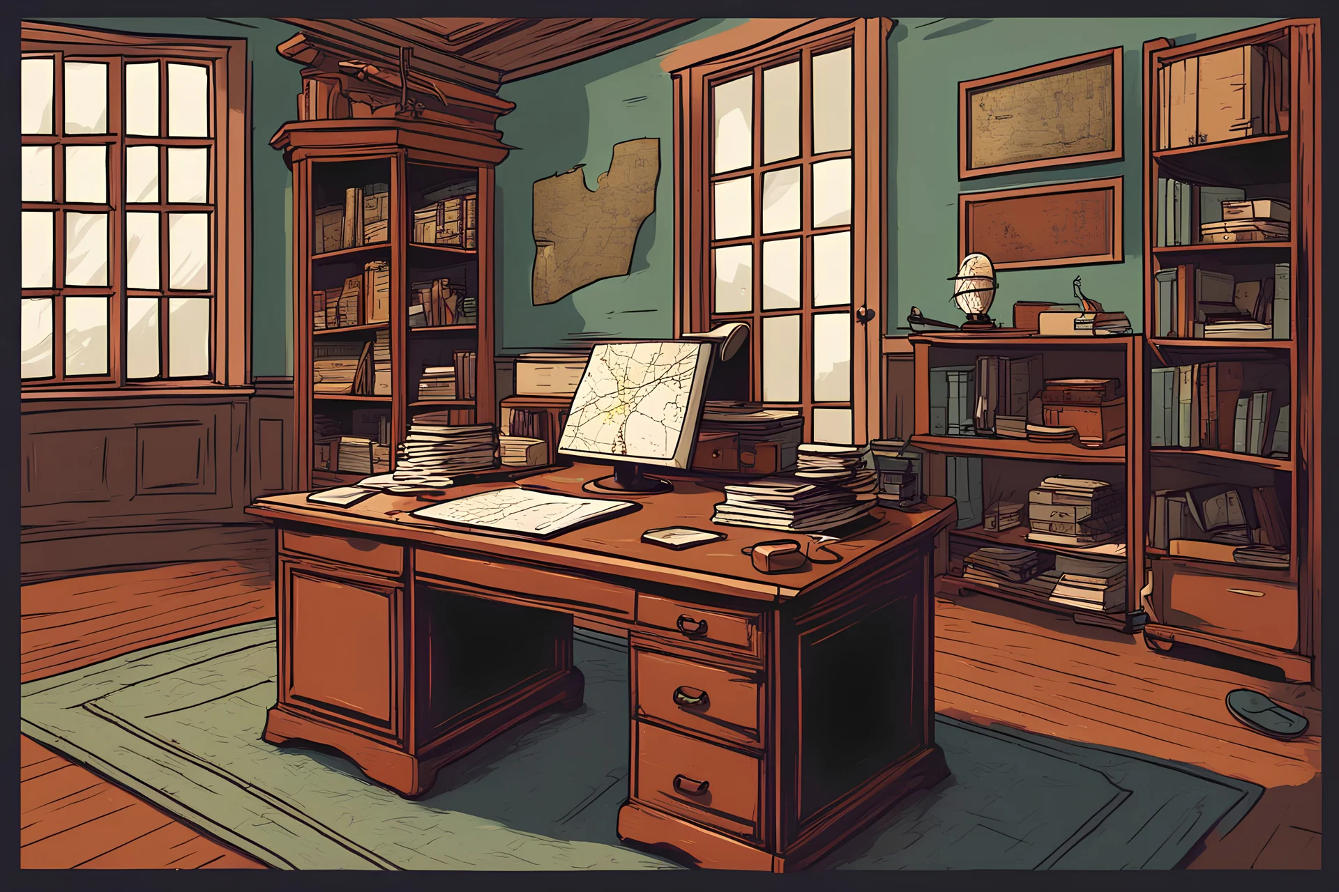 office, Work desk, map globe, village house, old room, minimal, digital painting, vector, illustration, politics, 1900 AD, old, COLORS, cartoon, Letters,