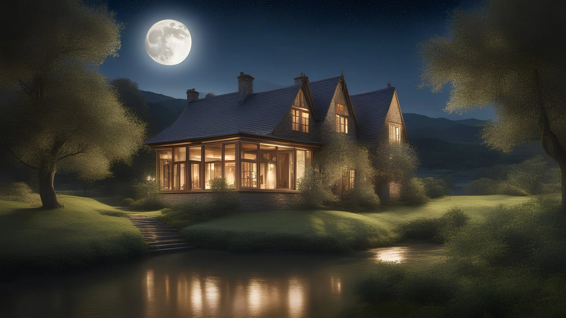 beautiful house, perfect architecture, style William Morris, rural environment, night, moon, stars, volumetric lighting, trees, river, distant mountains, award-winning photograph, photorealism, superb details, light and shade, beautiful composition, arts-and-crafts, attractive, peaceful, exquisite