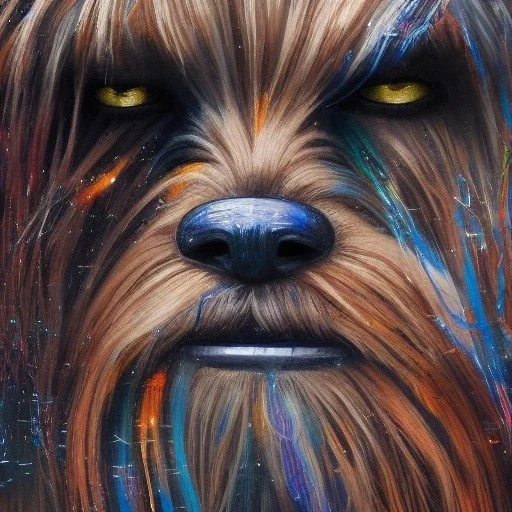 photorealistic and intricate portrait of chewbacca in star wars by Carne Griffiths, wearing beskar armor, deep dark colors, hyperdetailed, 32K, oil on canvas,
