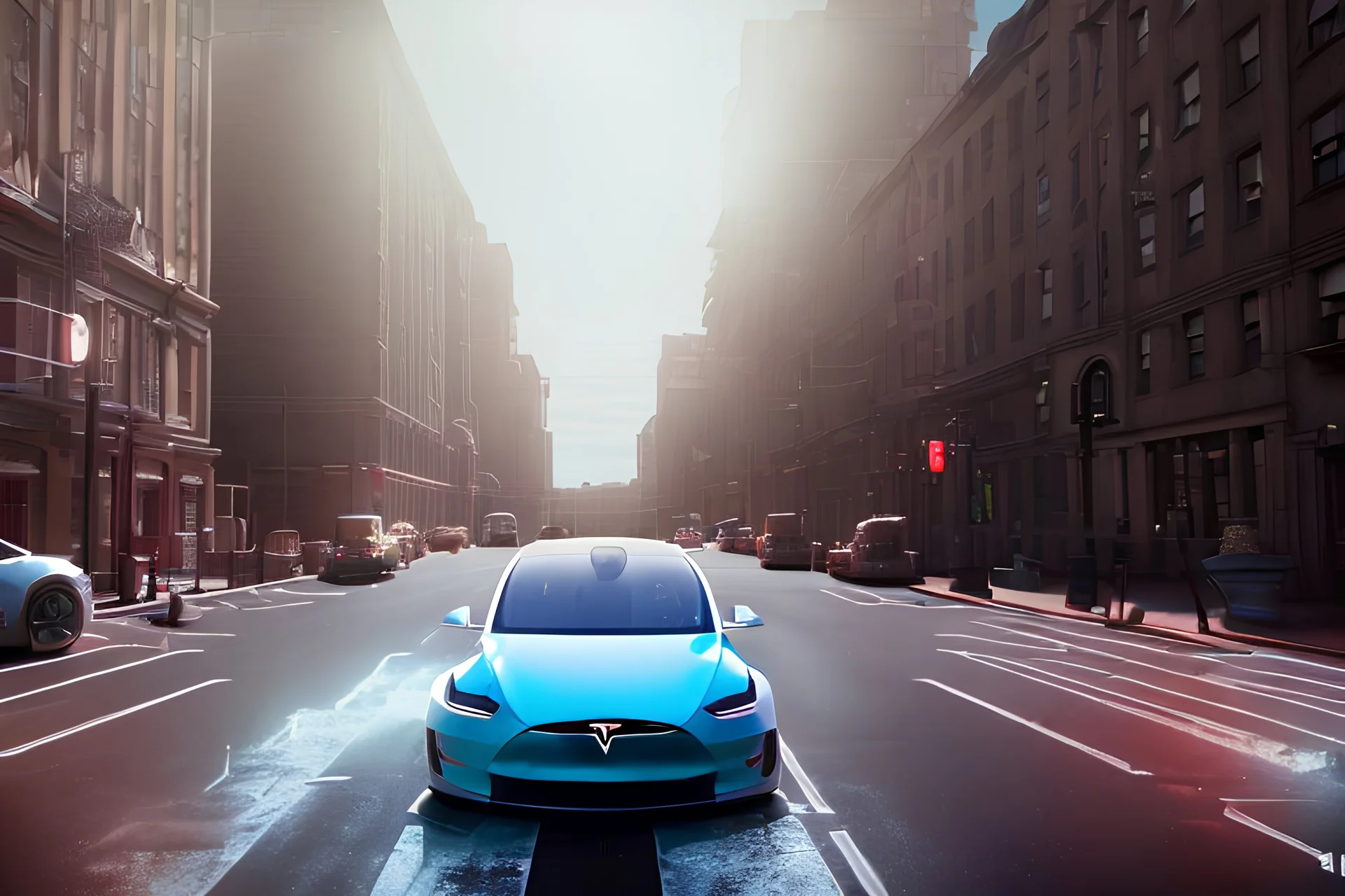 A Tesla 'Model Y' is going at a high speed, near the building of the 'Friends' series in New York. (CINEMATIC, WIDE ANGLE LENS, PHOTO REAL)