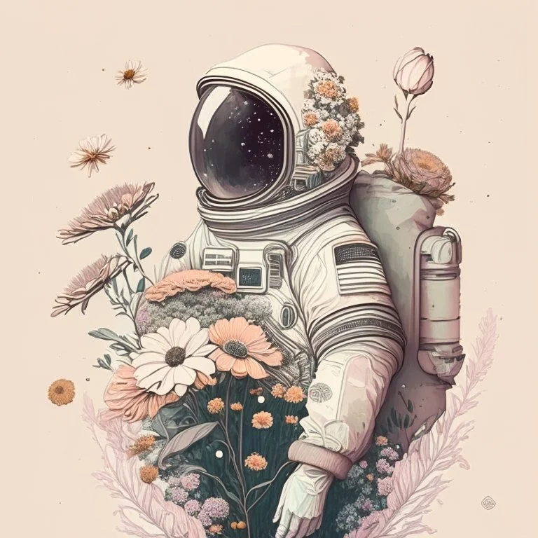 "floral astronaut" hand-drawn digital art, muted tones, flowers everywhere, REALISTIC