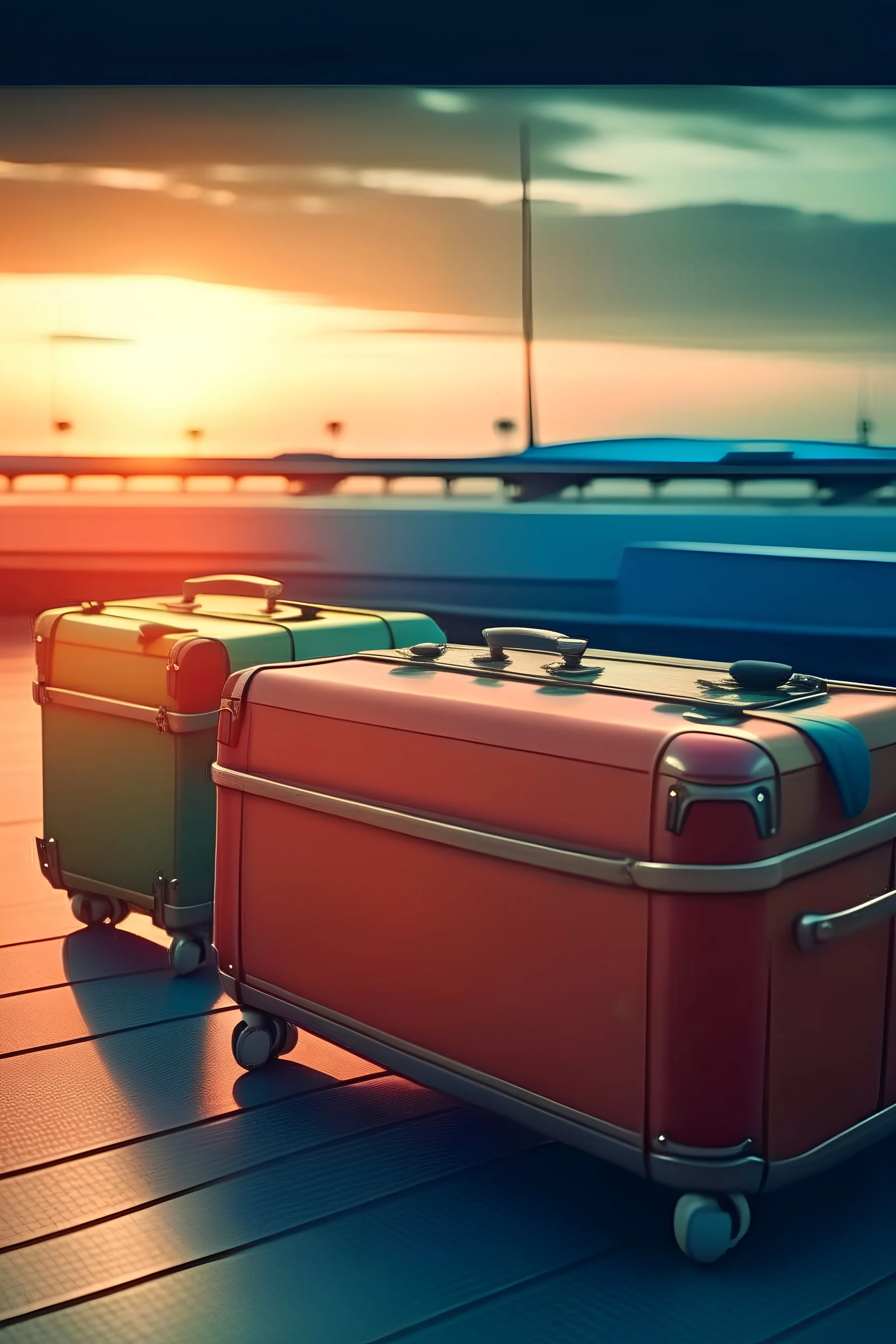 FOUR ANDROID IMAGES with a suitcase in an airport with vintage colors and serene atmosphere, bright colors, at sunset, MEDIUM SHOT, 35 MM