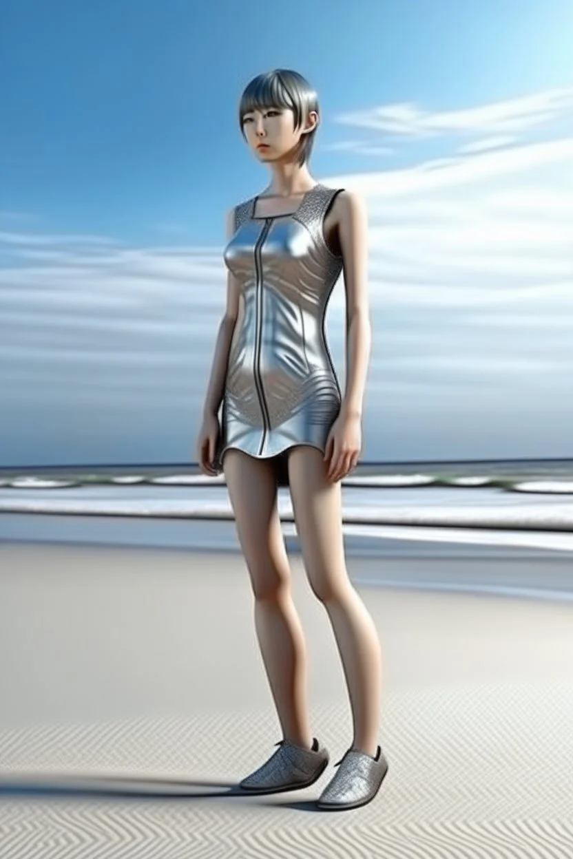 woman, skinny, full body, long legs, flat chest, silver onepiece swimsuit without legs and arms, photorealistic, on beach, wedge shoes