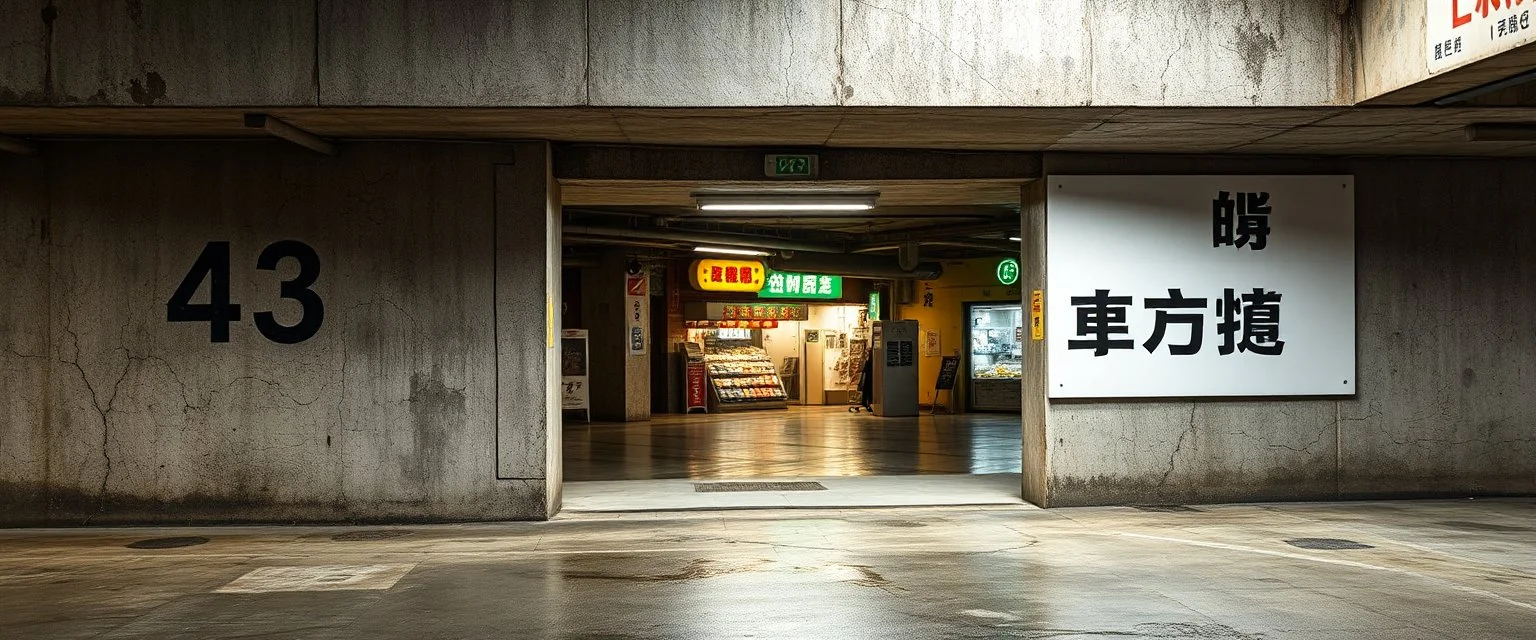 background of wall(wet textured concrete, gray, old, cracked, stained, 1 wall light) from underground parking, hong kong style, a large number "43" painted on left(old faded paint), at middle is an opening into an area with asian shops, cyberpunk, to the right of opening a white rectangle containing alien language