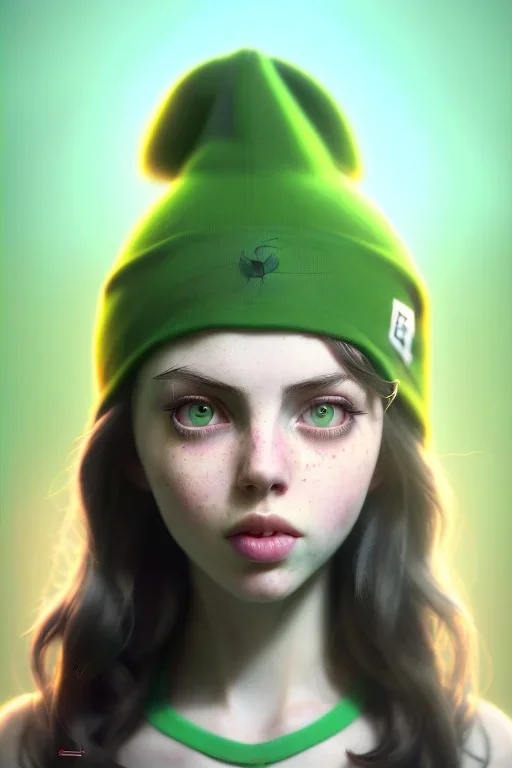 bellie eilish, cute, big boobs , beautiful, long hair, wavy hair, green hair, blue eyes, green beanie, green suimsuit, black tee shirt, green shorts, head and shoulders portrait, 8k resolution concept art portrait by Greg Rutkowski, Artgerm, WLOP, Alphonse Mucha dynamic lighting hyperdetailed intricately detailed