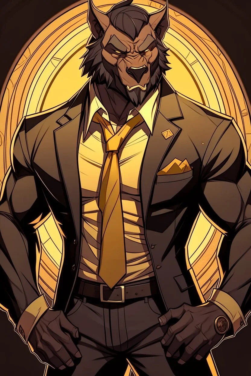 Buff, anthro, wolf, himbo, black fur, gold eyes, wearing a suit, full-body, muscles, strong, muscular, man boobs, bulky, tail, dark fur, smug grin, hands on hips, furry-himbo, broad shoulders, wide hips, big chest, big muscles,