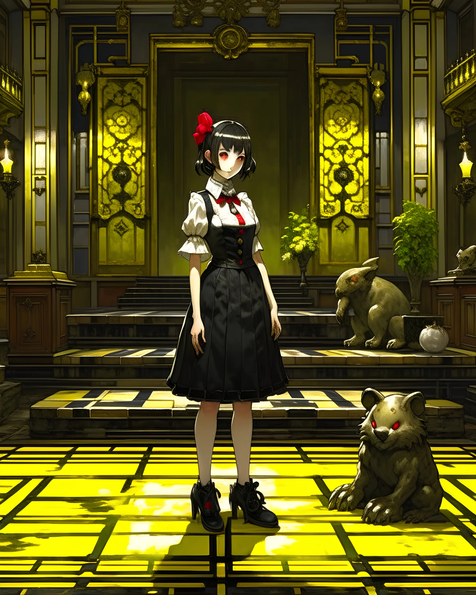 baroque oil painting anime key visual full body portrait character concept art, maid commander with flowing brunette hair red eyes, brutalist grimdark fantasy, kuudere noble dictator, trending pixiv fanbox, rule of thirds golden ratio, by greg rutkowski wlop makoto shinkai takashi takeuchi studio ghibli jamie wyeth
