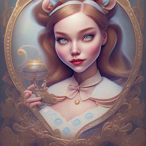 "Alice in the wonderland",dressing Disney style,hairstyle Disney style, detailed eyes, elegant,sarcastic smile, by artgerm,Chie Yoshii,Brian Kesinger,Gediminas Pranckevičius,Kilian Eng,reg Rutkowski,Disney