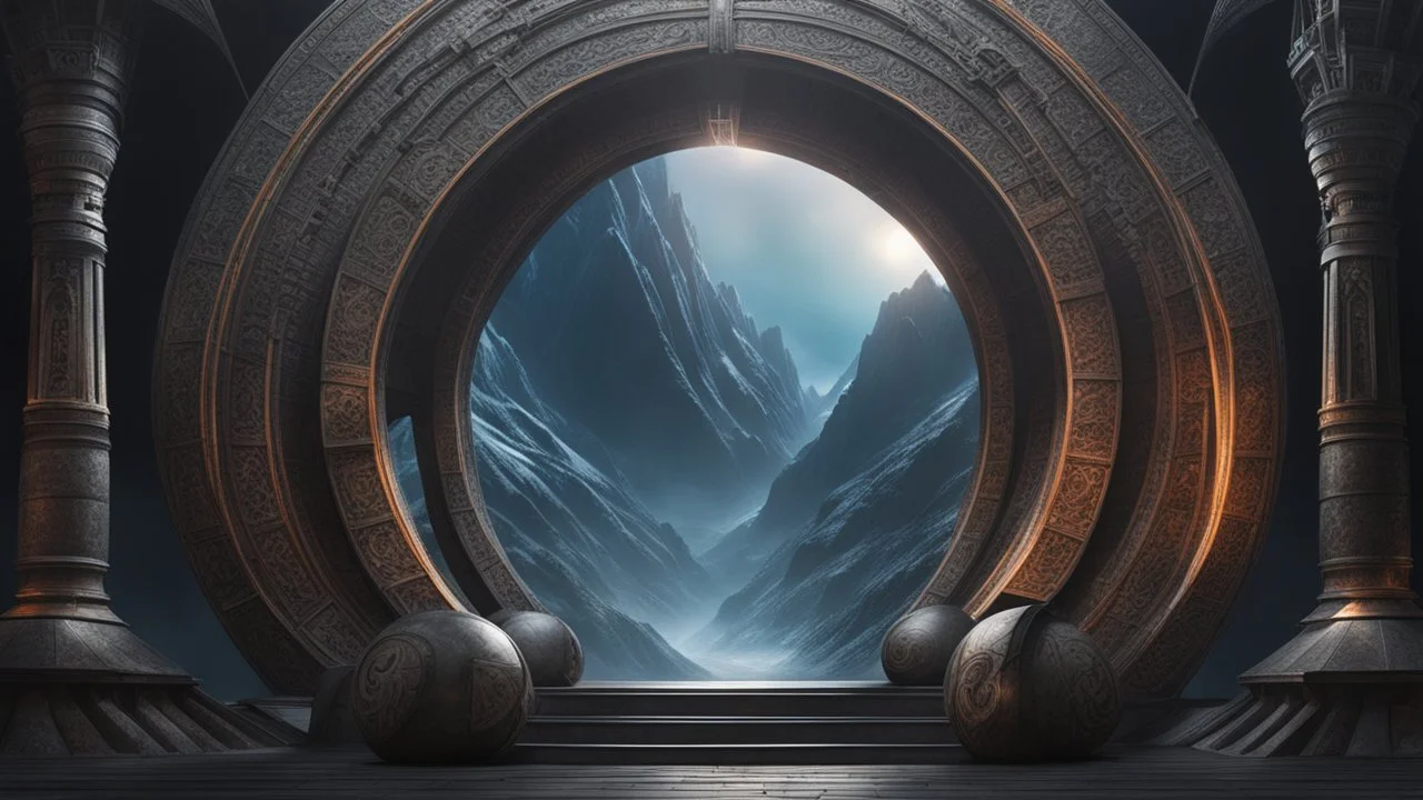 an ancient magical open portal showing another world. mountains. h. r. giger. cinematic lighting, hyper realisme, Hyperrealistic, splash art, concept art, mid shot, intricately detailed, color depth, dramatic, 2/3 face angle, side light, colorful background