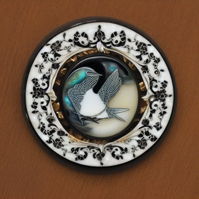 coaster of kingfisher ivory brooch with black pearl inlay, opalescent marble carving, decorative design, classical ornament, highly ornate, highly intricate, highly detailed etching, marble carving, warm lighting, linen backdrop