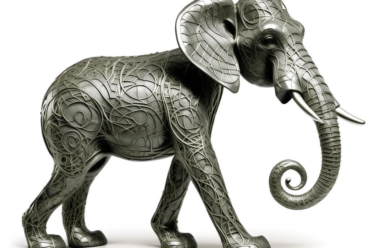 A gray metal elemental elephant designed in Australian aboriginal art painted by Vincent van Gogh