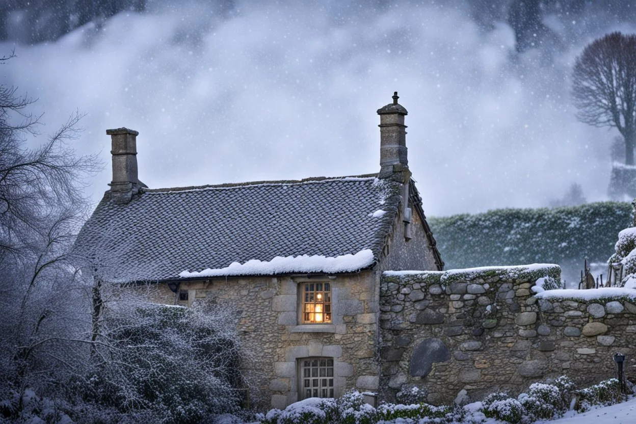 Snow falling heavily in the Cotswald area of England. A stone cottage with smoke coming out of the chimney. Surrounded by stone fences. In the background a startled group of deer look this way. A thick forest behind them.