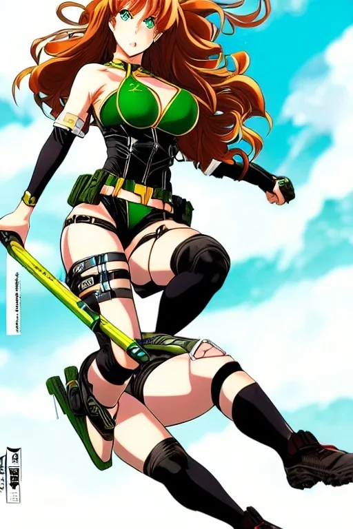 In the style of Shirow, hyper detailed, strikingly beautiful teen female, 16 years old, long ponytail, ginger hair, green eyes, medium freckles, full lips, full body, full face, b-cup breasts, athletic, centred camera, ignore NSFW, bikini, athletic, sitting, legs spread