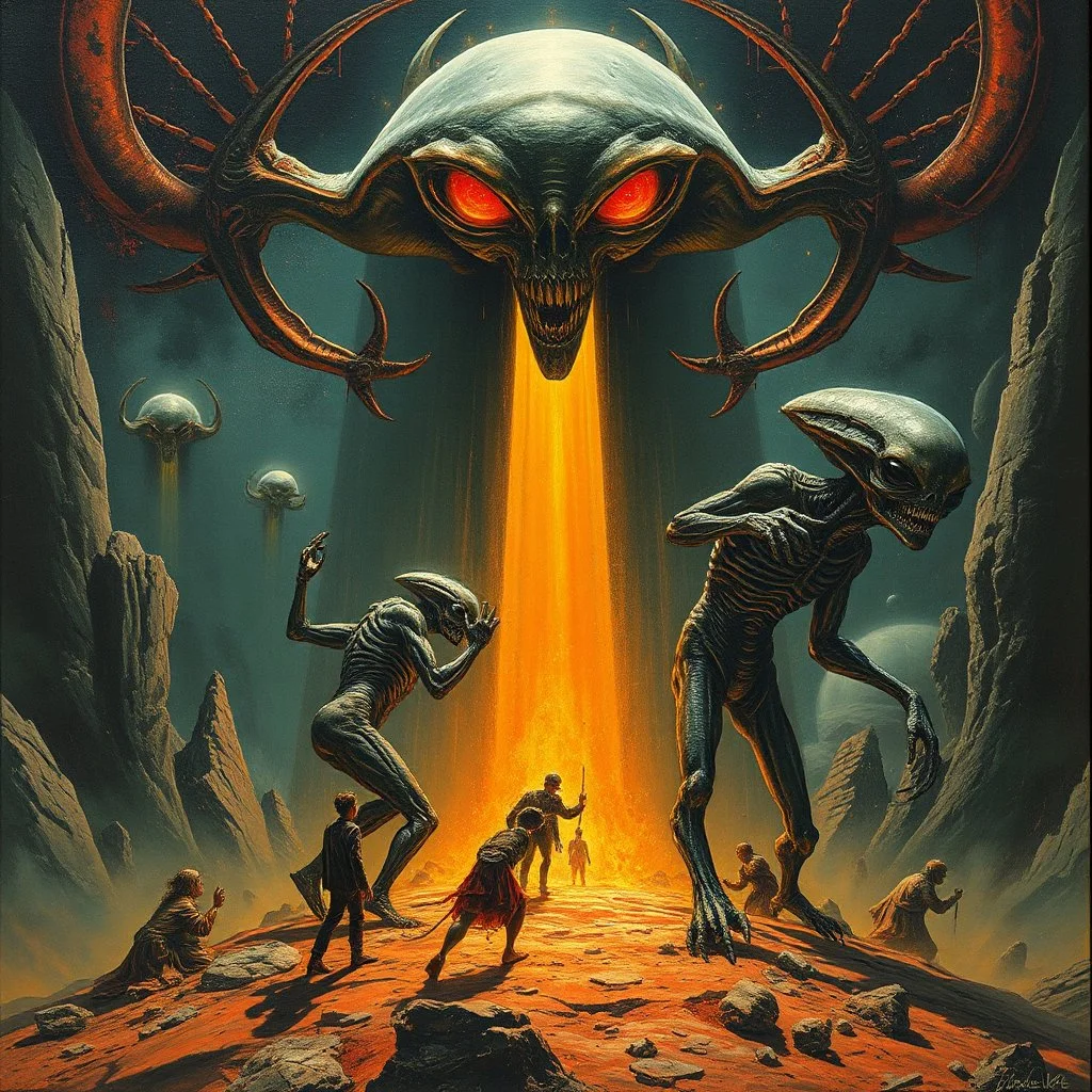 a high definition screen shot of a ancient alien comic book cover detailing the creatures found on other worlds, retrofuturistic, phototrealism, Macabre Rapture End of days Revelation scene, isanely detailed matte oil painting, sinner apotheosis,diagonal composition, unbalanced, abstract surreal horror, eerie, scary warm colors, Eldritch, JonKnockTurnal 2999 ufo, bilaterally