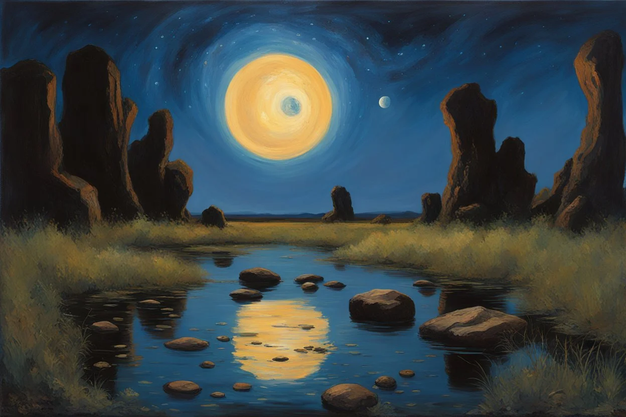 Dark blue sky with one exoplanet in the horizon, rocks, puddle, weeds, sci-fi movies influence, epic, ernest welvaert and emile claus impressionism paintings