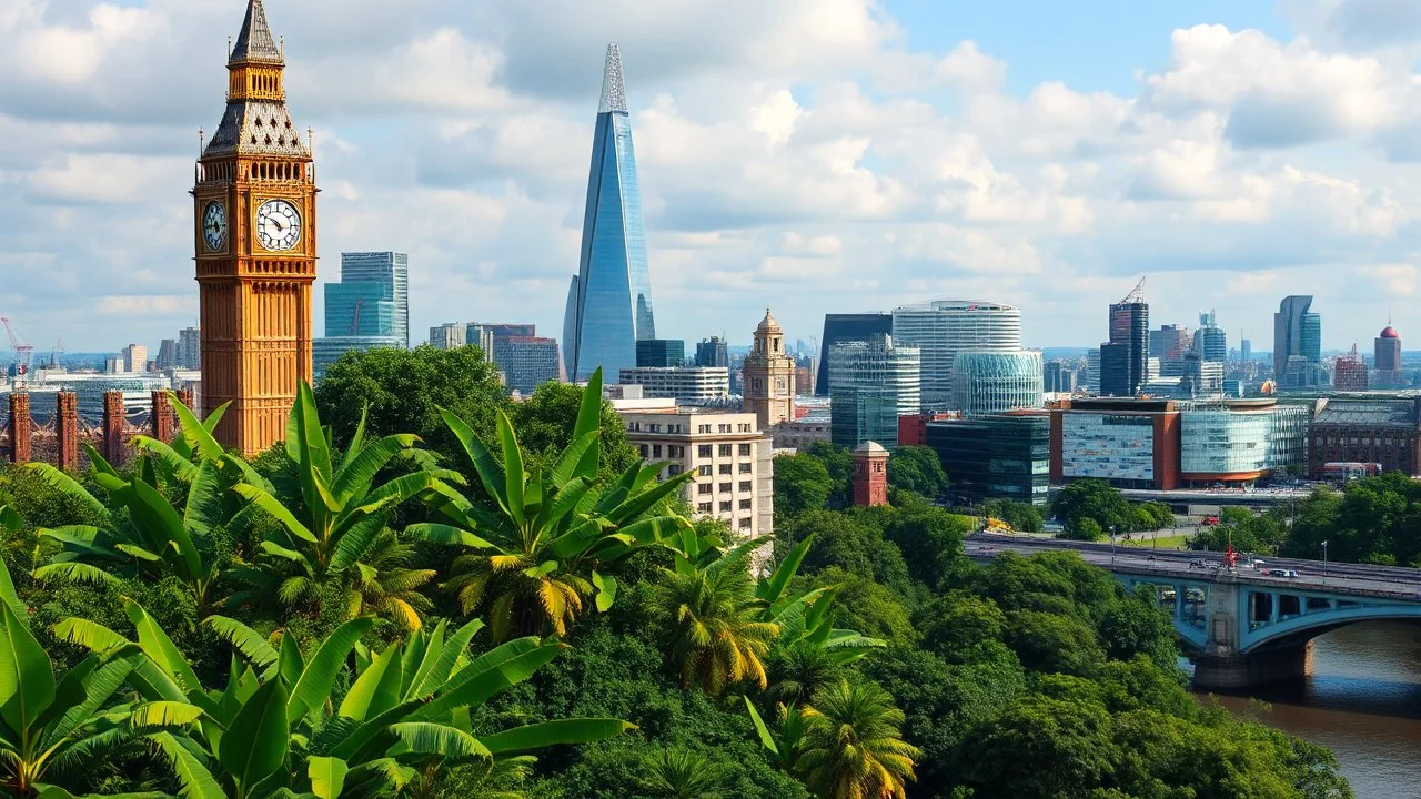 City of London, Big Ben, Tower Bridge, Shard, Gherkin, etc. everywhere totally overgrown and invaded by a jungle of banana trees and other jungle trees, award winning photograph