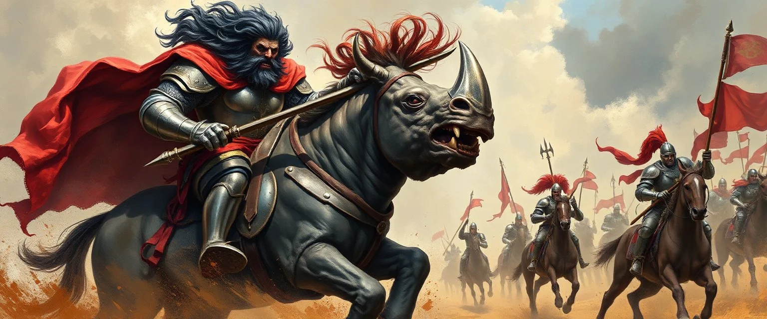 knights and lances tournament, horses hit hard, oil and airbrush, epic fantasy illustration, black giant on bulldog rhino with steel gauntlets, scared knights hair standing up like a clown