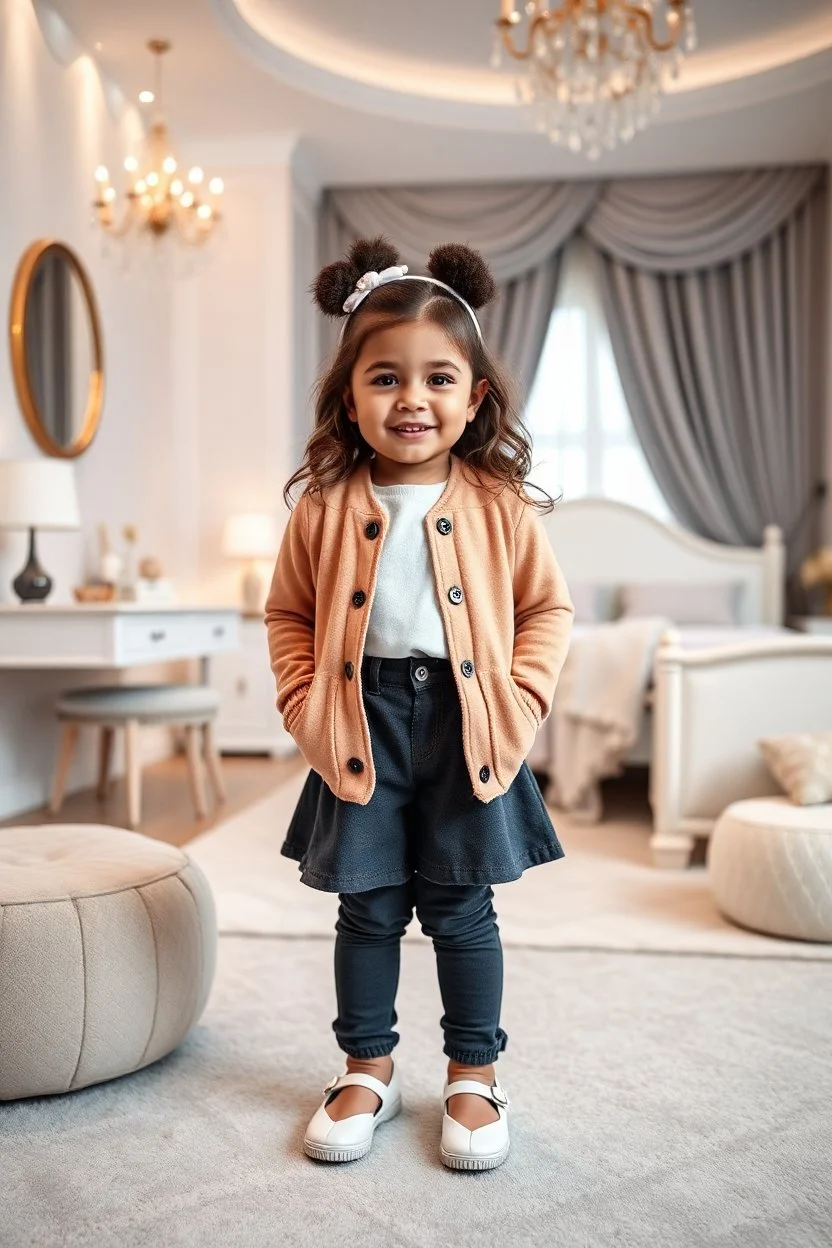 a 5 years old girl in modern clothing and makeup standing pose with cute and joy with pertty shoes in a very large luxury baby bedroom