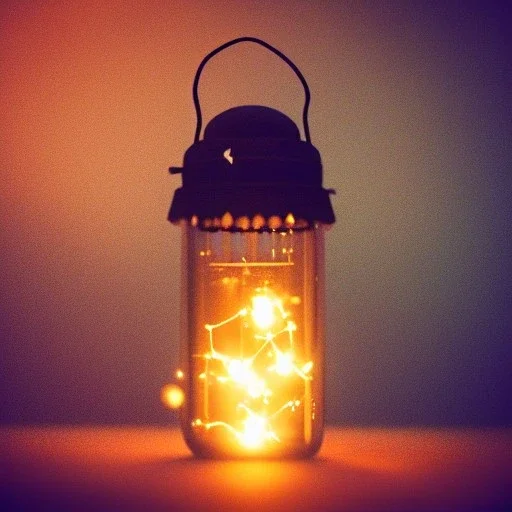 fireflies in a lantern, many ghostly lights inside a belljar, fairy lights, polaroid, symmetry, luminescent glow, moody, tender, photorealistic, octane render, golden hour