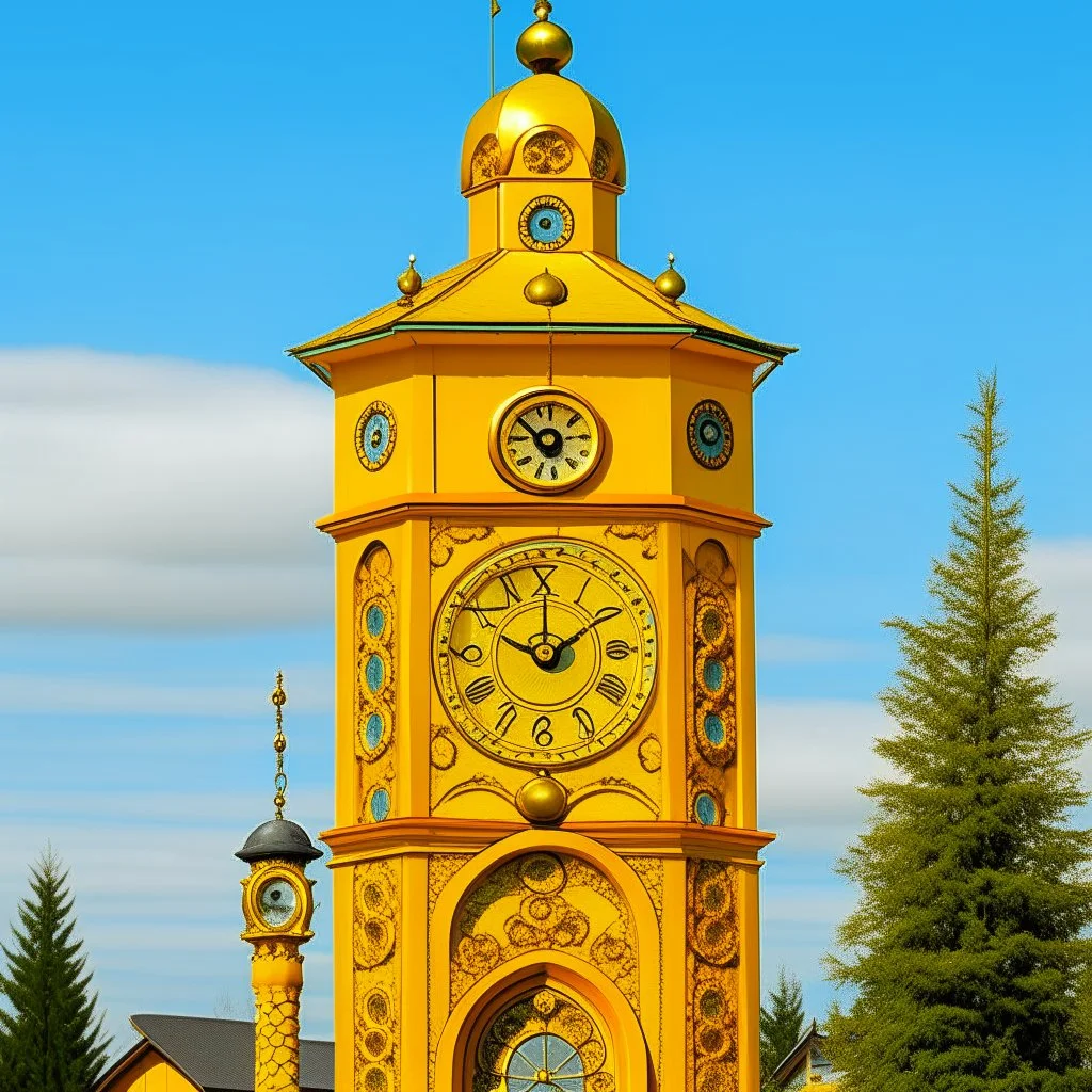 A golden yellow clock tower with ringing bells designed in Kuna molas painted by Peter Carl Faberge